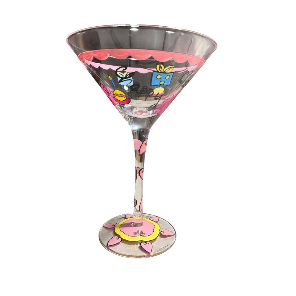 Hand-Painted Happy Birthday Martini Glass Pink & Yellow Hearts 7" Tall Fun Gift